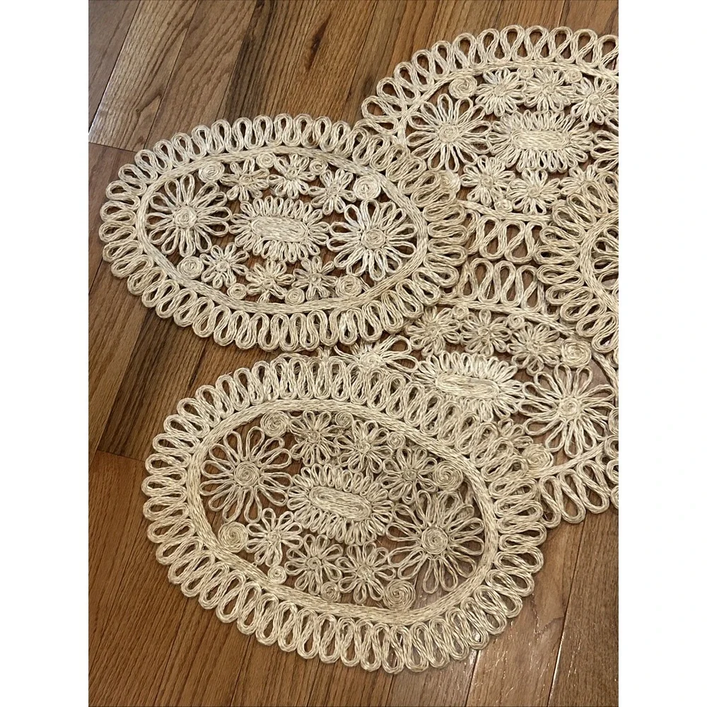 Set Of 7 Vintage Abaca Hemp Centerpiece Placemats Woven Floral Scrolled MCM Boho